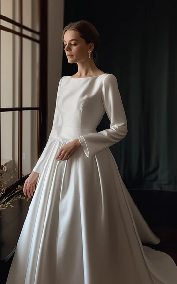 Modest Elegant Long Sleeve Scoop-neck Satin Solid Modern Simple Wedding Dress