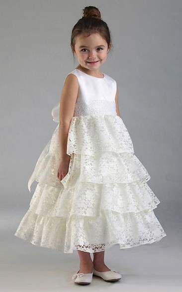 Tea-Length Lace&Sequins Flower Girl Dress
