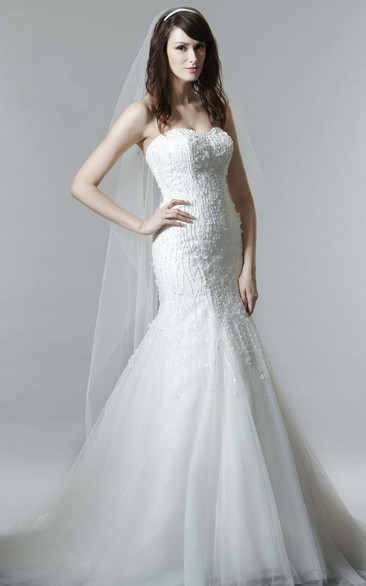 Maxi Mermaid Beaded Sweetheart Sleeveless Tulle Wedding Dress