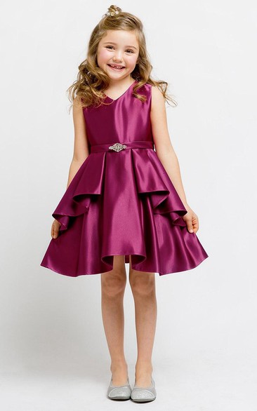 Knee-Length Split Beaded Split-Front Satin Flower Girl Dress With Sash