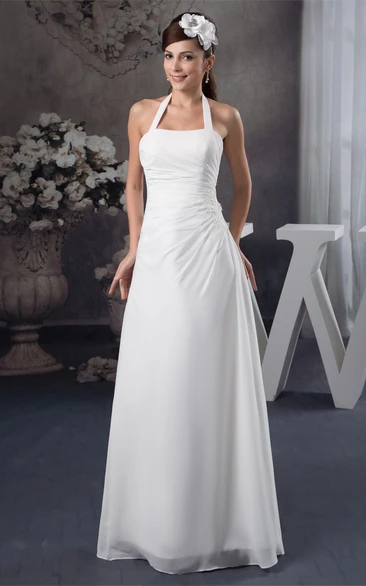Chiffon A-Line Floor-Length Side-Draped Halter and Dress With Appliques