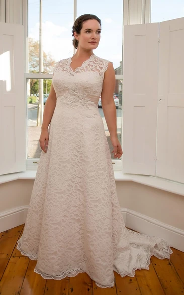 A-Line Floor-Length V-Neck Sleeveless Lace Flower Court Train Keyhole Flower Bridal Dress