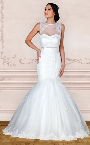 Trumpet Appliqued Jewel-Neck Floor-Length Sleeveless Satin Wedding Dress With Beading