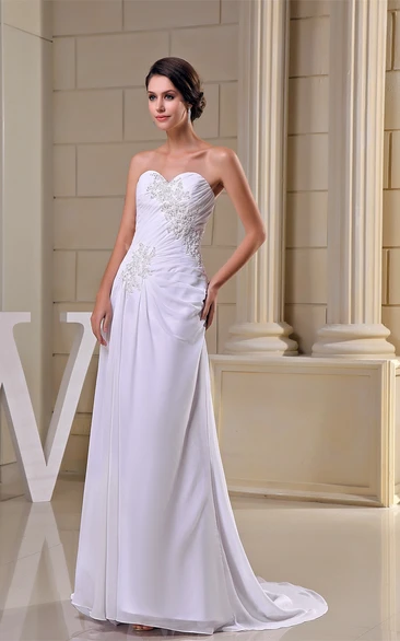 Sweetheart Pleated Long Criss-Cross Sweep Train and Dress With Appliques