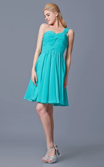 One Shoulder Short A-line Chiffon Dress With Complicated Bodice