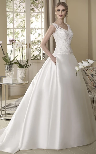 Ball Gown Sleeveless V-Neck Floor-Length Appliqued Satin Wedding Dress