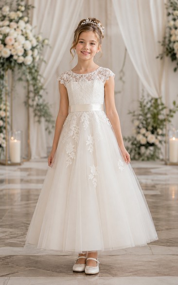 Ivory Tea-Length A-Line Lace Flower Girl Dress with Appliques, Bow Sash