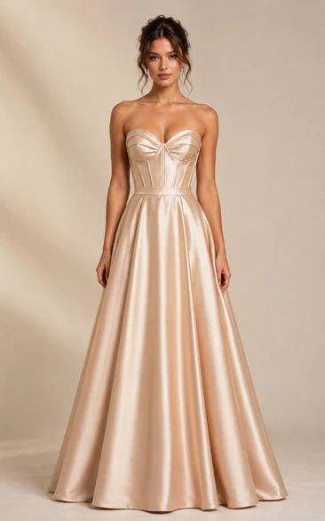 Robe de bal trapèze en satin champagne, bustier cœur