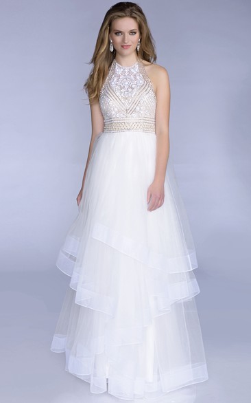 Tulle A-Line Sleeveless Layered Gown Featuring Open Back And Beadings