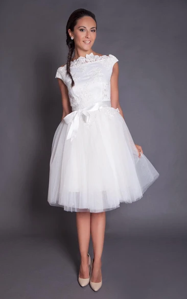High Neck Cap Sleeve Knee Length A-Line Lace and Tulle Dress With Illusion Back