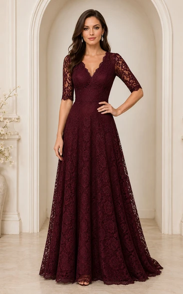 Burgunderrotes, formelles A-Linien-Kleid aus Spitze mit V-Ausschnitt und Dreiviertelärmeln mit Illusionseffekt
