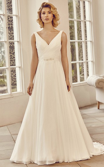 Long V-Neck Criss-Cross Chiffon Wedding Dress With Court Train And V Back