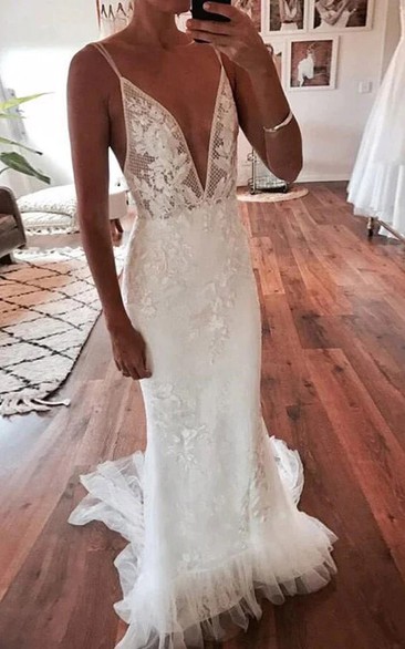 Sexy Plunged Sheath Applique Spaghetti Beach Wedding Dress