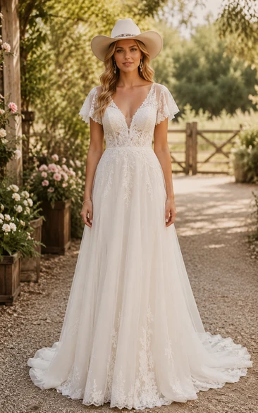 Boho A-Line Lace Country Wedding Dress with Flutter Sleeves and V Back Train