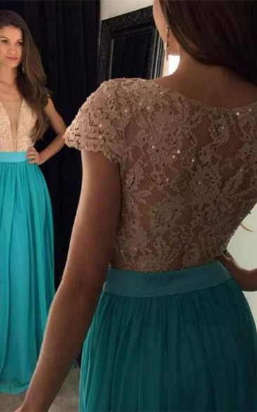 Newest Lace Sequined V-neck Evening Dress Short Sleeve A-line