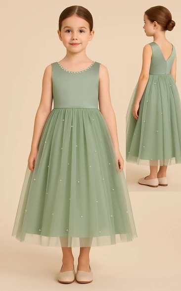Scoop-neck Sleeveless Tulle Satin A-line Flowergirl Dress