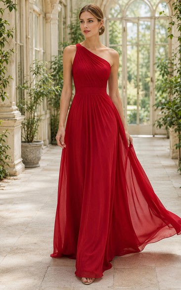 Vestido de dama de honor rojo de gasa con un solo hombro, corte en A y abertura lateral.