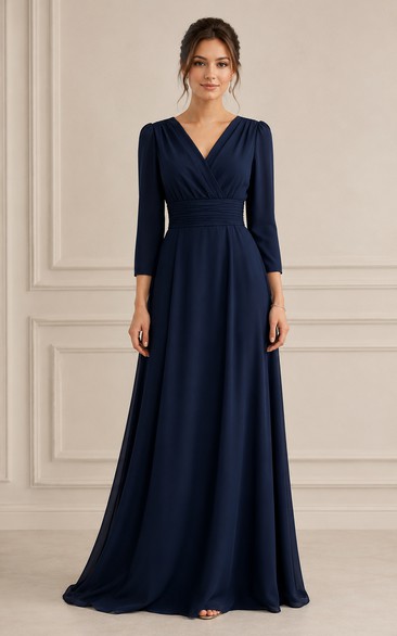 Dark Navy V-neck Chiffon A-Line Formal Dress