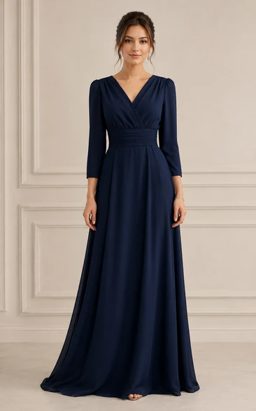 Dark Navy V-neck Chiffon A-Line Formal Dress