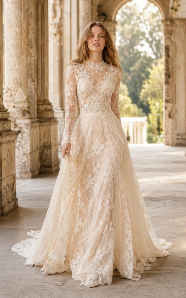 Vestido de novia de encaje con corte en A, mangas largas, cuello alto y cola de capilla.
