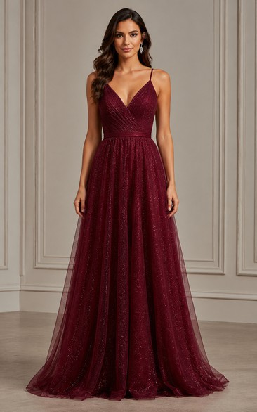 Burgundy Glitter Tulle Spaghetti Strap A-Line Formal Gown