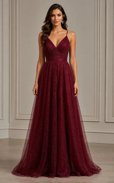 Burgundy Glitter Tulle Spaghetti Strap A-Line Formal Gown
