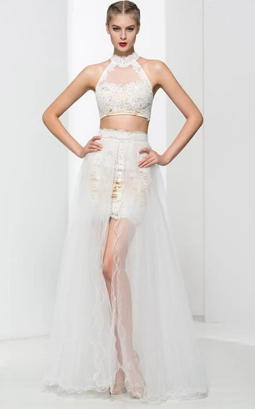 Halter Appliques Two Piece Prom Dress