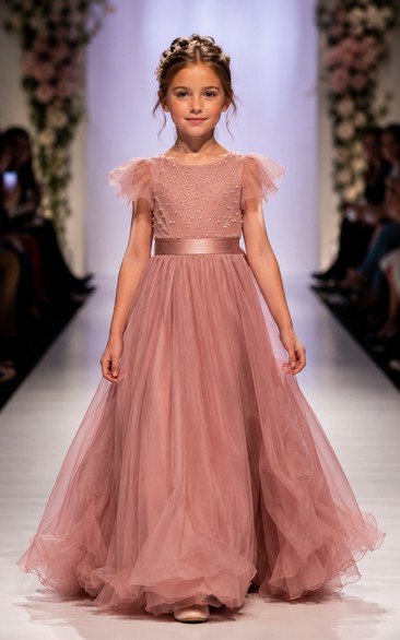 A-Line Dusty Rose Flutter Sleeve Tulle Flower Girl Dress