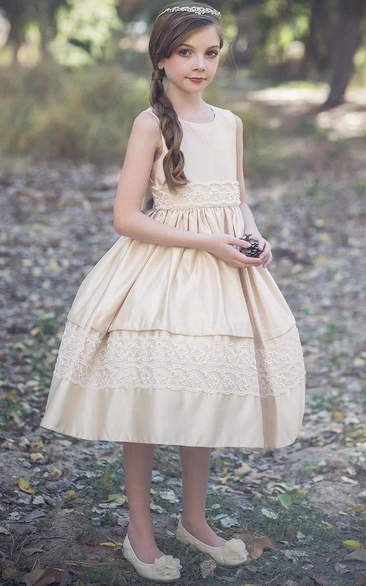 Tea-Length Tiered Sequined Tulle&Lace Flower Girl Dress