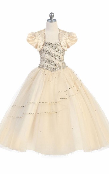 Bolero Beaded Tiered Tulle&Lace Flower Girl Dress