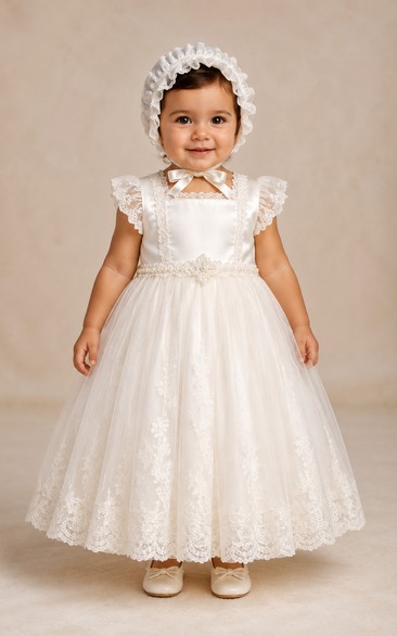 Baby Christening Gown Modest A-Line Puff Sleeve Tulle Lace Floor-Length with Bonnet in Ivory