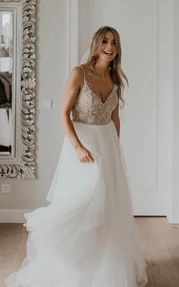 Spaghetti Tulle A-line Empire Beach Wedding Dress with Beaded Top