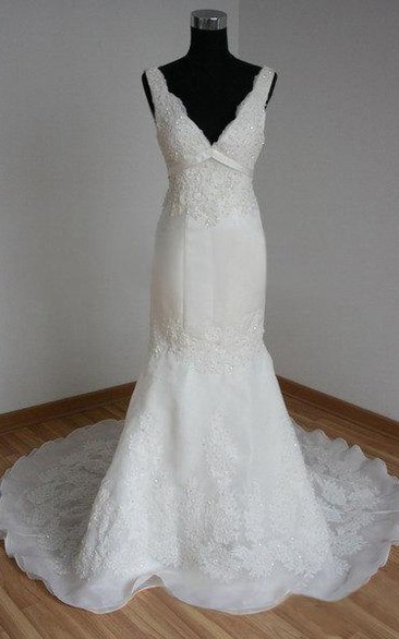 Mermaid Floor-Length Cap Beading Appliques Keyhole Lace Satin Dress