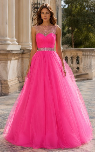 Fuchsia Illusion Beaded Tulle Ball Gown