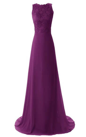 High-neck Long Chiffon Dress With Lace Bodice