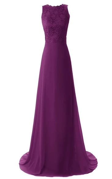 High-neck Long Chiffon Dress With Lace Bodice