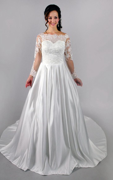 Long Sleeve Lace-Bodice Satin Dress With Beadings and Pleats