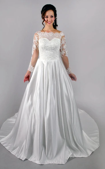 Long Sleeve Lace-Bodice Satin Dress With Beadings and Pleats