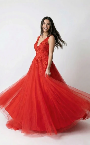 Red V Neck Tulle Ball Gown A-Line Prom Dress with Lace Applique Bodice