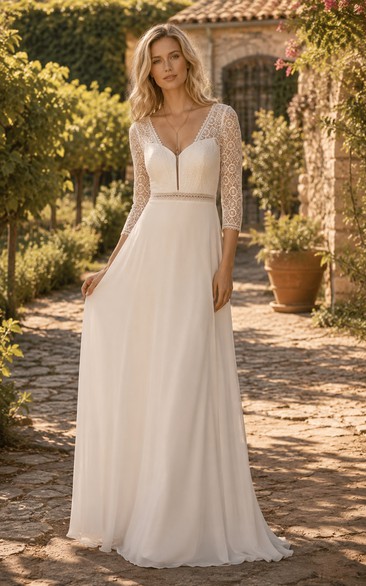 Elfenbeinfarbenes, langärmeliges, zweiteiliges Brautkleid aus Spitze