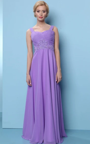 Sleeveless Appliqued Strapped Chiffon Bridesmaid Dress With Ruching And Lace-Up