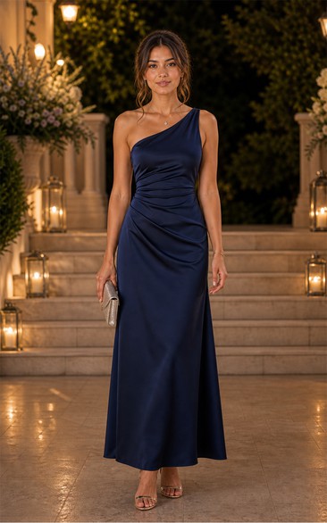 Dark Navy One-Shoulder Satin Floor-length Sheath Dress