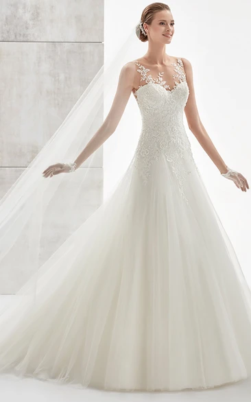 Sweetheart Appliqued A-Line Wedding Dress With Pleated Tulle Skirt And Illusive Floral Back