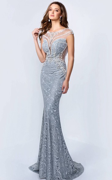 Sheath Maxi Scoop-Neck Cap-Sleeve Lace Illusion Dress With Beading And Appliques