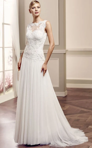 Sheath Floor-Length Sleeveless Jewel-Neck Tulle&Lace Wedding Dress With Appliques And Brush Train