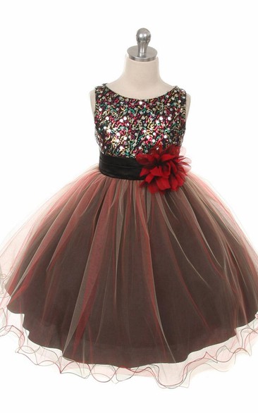 Tea-Length Pleated Tiered Sequins&Satin Flower Girl Dress