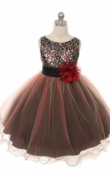Tea-Length Pleated Tiered Sequins&Satin Flower Girl Dress