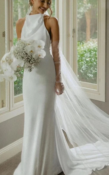 White Halter Neck Wedding Dress with Long Veil