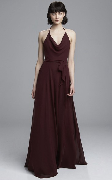 A-Line Cowl-Neck Bowed Long Sleeveless Chiffon Bridesmaid Dress