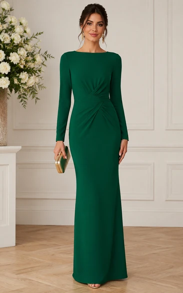 Dark Green Bateau Long Sleeve Floor-Length Sheath Dress